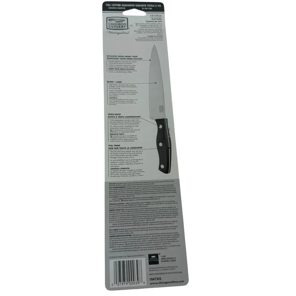 Chicago Cutlery 7.5” Chef Black Rivet Handle Metropolitan Fine Edge NIP